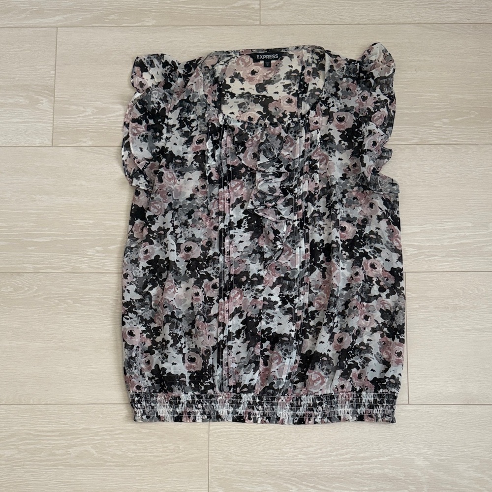 3/$10 Express Floral Ruffle Blouse in Black and Pink